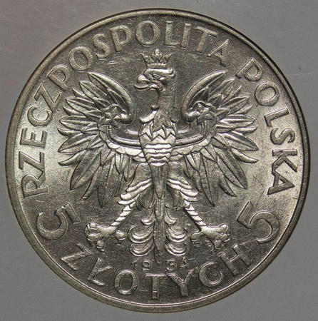 Polska 5 Złoty 1934 rok - Głowa Kobiety - GCN AU 55