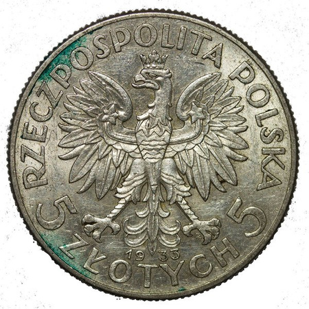 Polska 5 Złotych 1933 - Głowa kobiety, bez znaku mennicy