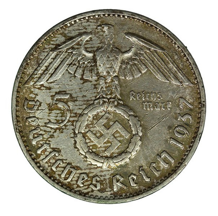 Niemcy 5 Marek 1937 F - Paul von Hindenburg, Swastyka