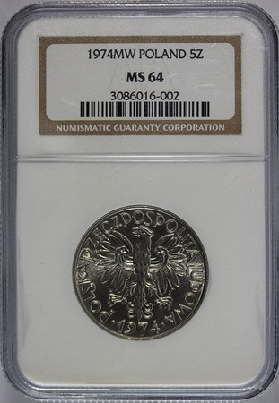 Polska 5 Złotych 1974 rok - Rybak - NGC MS 64