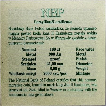 Polska 100 zł 2000 - Jan II Kazimierz