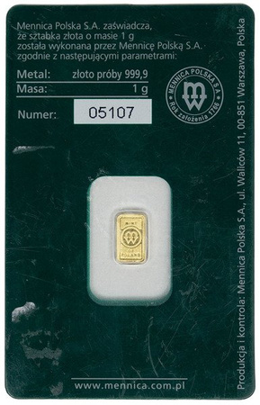 Złota Sztabka - Mennica Polska, 1 gram Czystego Złota