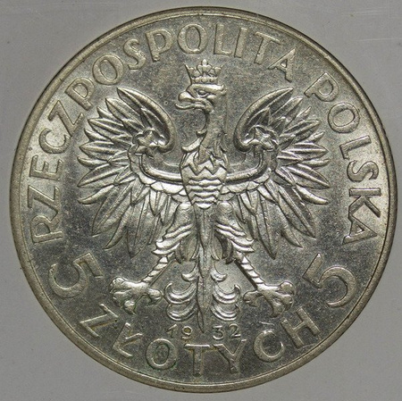 Polska 5 Złoty 1932 b.z. rok - Głowa Kobiety - GCN AU 55