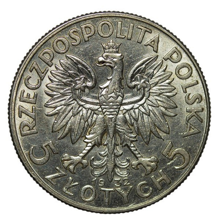 Polska 5 Złotych 1932 b.z. - Głowa kobiety, bez znaku mennicy