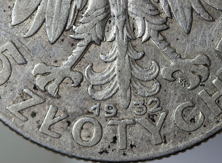 Polska 5 Złotych 1932 - Głowa kobiety, ze znakiem mennicy