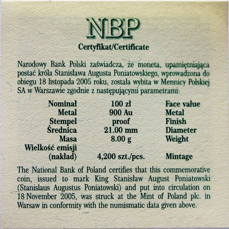 Polska 100 złotych 2005 - Stanisław August Poniatowski