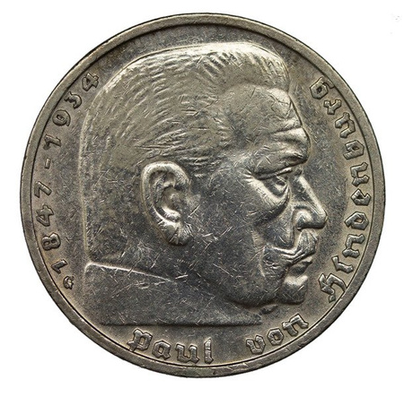 Niemcy 5 Marek 1939 G - Paul von Hindenburg, Swastyka