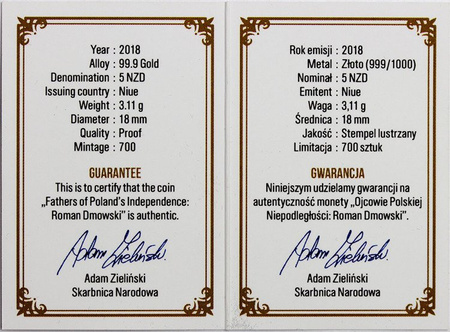 Niue 5 Dolarów 2018, Roman Dmowski, 100-lecie niepodległości Polski