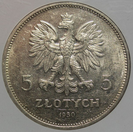 Polska 5 Złoty 1930 rok - Sztandar - GCN AU 55