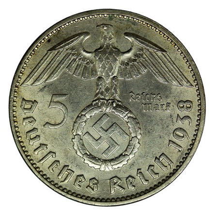 Niemcy 5 Marek 1938 J - Paul von Hindenburg, Swastyka