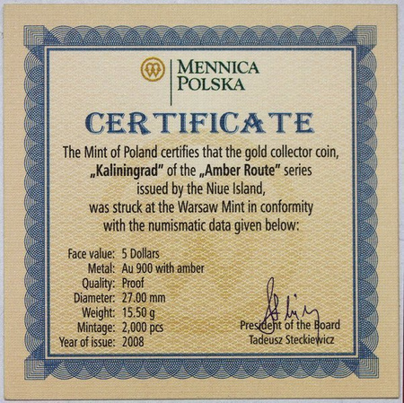 Niue 5 Dolarów 2008 - Kaliningrad, Szlak Bursztynowy