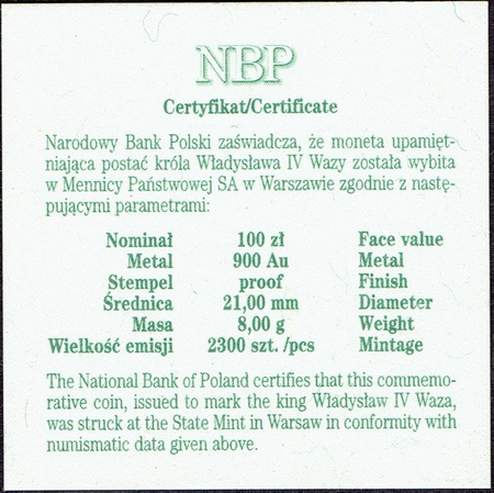 Polska 100 zł 1999 - Władysław IV Waza