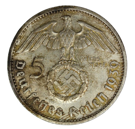 Niemcy 5 Marek 1939 E - Paul von Hindenburg, Swastyka