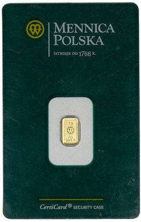 Złota Sztabka - Mennica Polska, 1 gram Czystego Złota