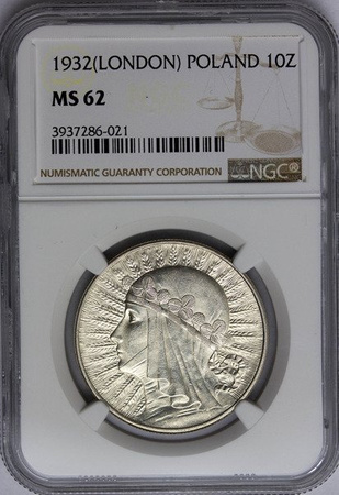 Polska 10 Złotych 1932 b.z. - Głowa Kobiety, MS 62
