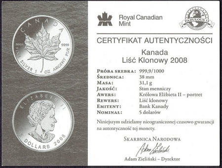 Kanada 5 Dolarów 2008 - Liść Klonowy, Fabulous 12