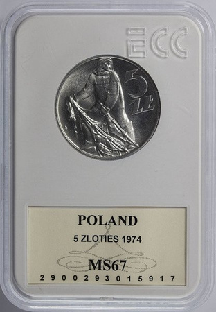 Polska PRL 5 Złotych 1974 - Rybak - GCN MS 67