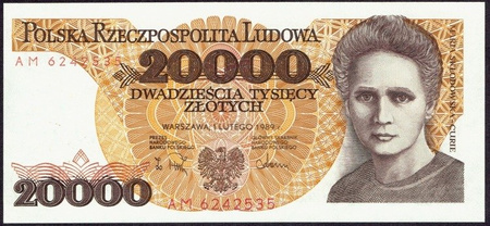 Polska PRL 20 000 Złotych 1989 - Maria Skłodowska-Curie