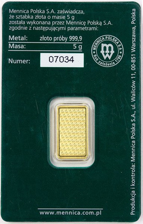 Złota Sztabka - Mennica Polska, 5 gram Czystego Złota
