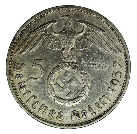 Niemcy 5 Marek 1937 E - Paul von Hindenburg, Swastyka