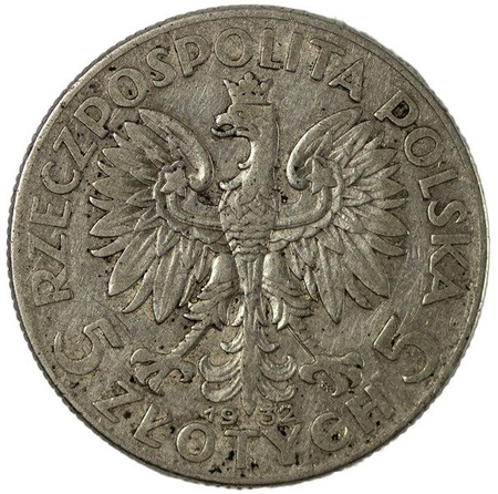 Polska 5 Złotych 1932 - Głowa kobiety, ze znakiem mennicy