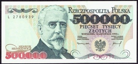 Polska PRL 500 000 Złotych 1993 - Henryk Sienkiewicz, seria L